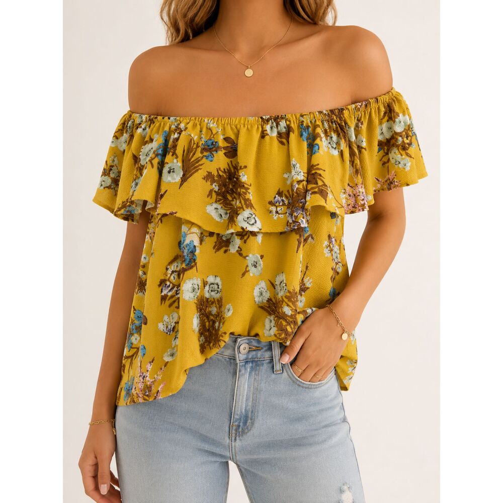 Umgee Mustard Floral Off Shoulder‎ Ruffle Blouse Boho Flowy Cottagecore Top M